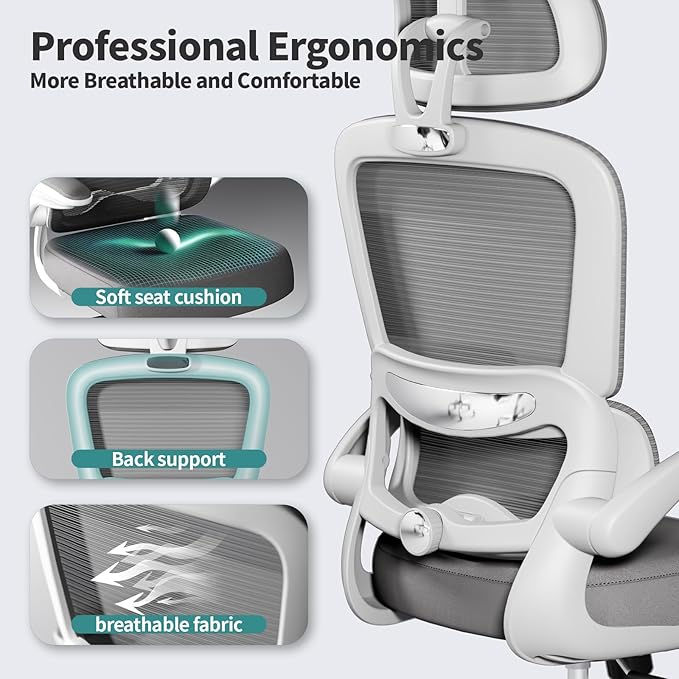 Office Chair Ergonomic Desk Chair, 330 LBS Home Mesh Office Desk Chairs with Wheels, Comfortable Gaming Chair, High Back Office Chair for Long Hours, Office Chair for Study and Work (White) - LeafyLoom