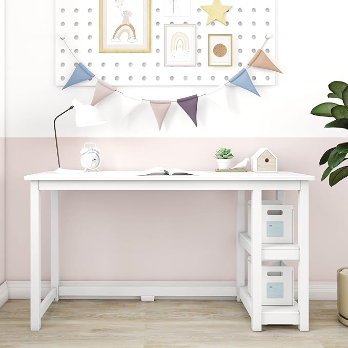 Max & Lily Solid Wood Desk With Shelves, 55 Inches, White - LeafyLoom