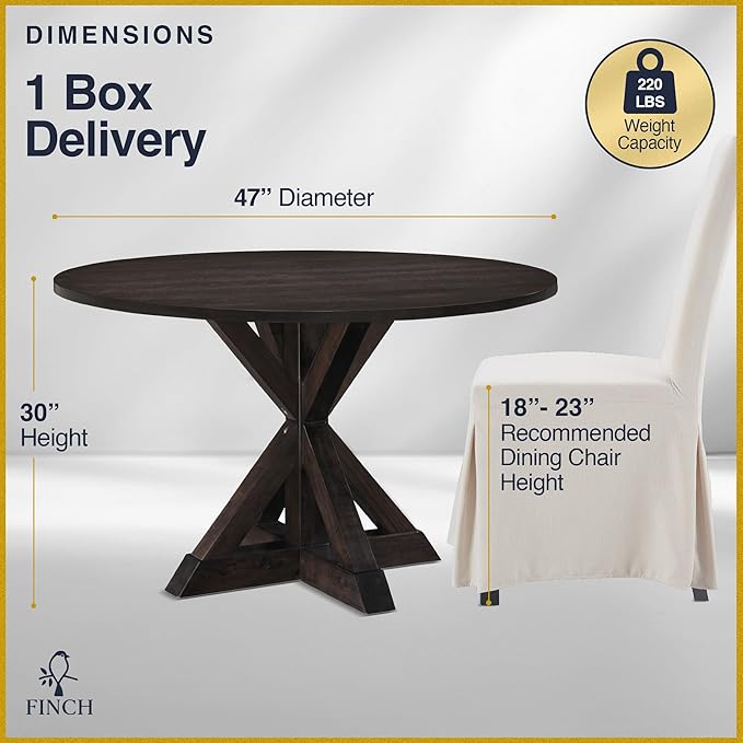 Finch Alfred Round Solid Wood Rustic Dining Table for Farmhouse Kitchen Room Decor, Wooden Trestle Pedestal Base, 46.5" Wide Circular Tabletop, Distressed Dark Brown - LeafyLoom