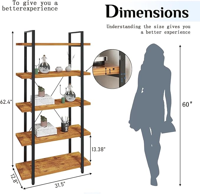 Tall Bookshelf with Large Storage,5 Tier Bookcase in Bedroom,Living Room and Office,Modern Wide Bookcase Shelf for Storing Books/Plants,Brown - LeafyLoom