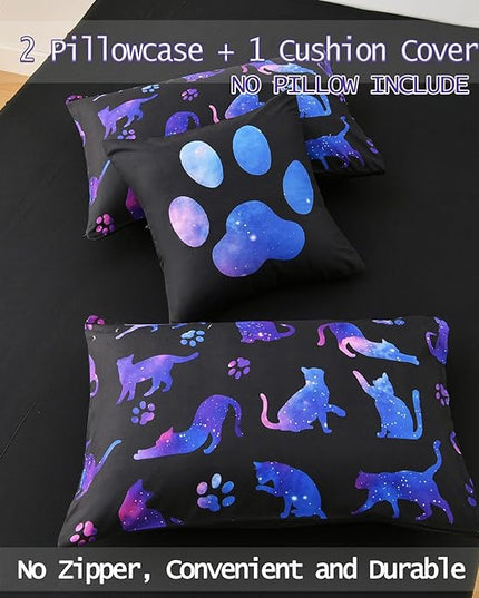 DORCAS Cute Cat Twin Comforter Set for Girls Starry Sky Bedding Sets Twin Girls 6 Pieces Animal Twin Bed-in-A-Bag with Comforter,Sheets,Pillowcases for Kids - LeafyLoom