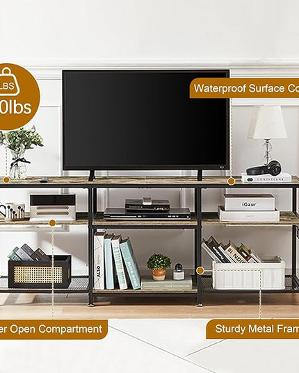 VECELO 63" TV Stand for 60/65/70 Inch Television, Entertainment Center with Storage Shelves & Hooks, 3-Tier Modern Wooden Console Table for Living, Bedroom and Gaming Room, 63 Inch, Retro Brown - LeafyLoom
