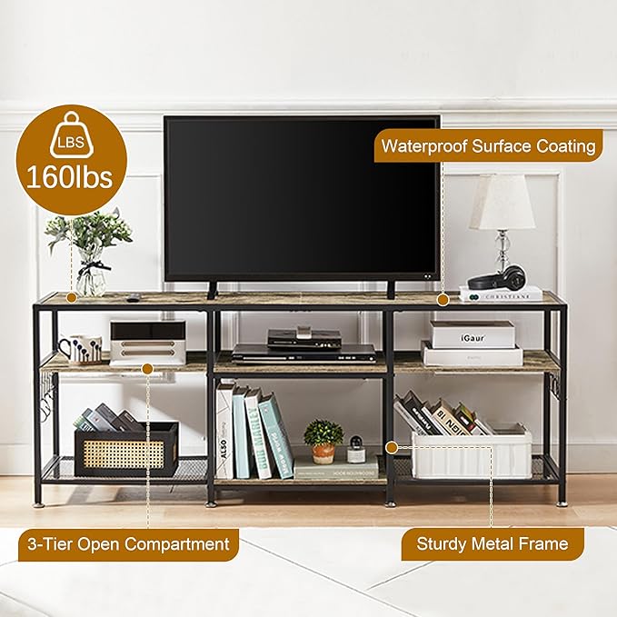 VECELO 63" TV Stand for 60/65/70 Inch Television, Entertainment Center with Storage Shelves & Hooks, 3-Tier Modern Wooden Console Table for Living, Bedroom and Gaming Room, 63 Inch, Retro Brown - LeafyLoom
