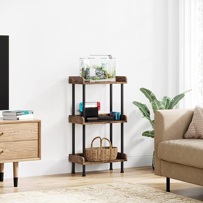 Bookshelf Small Book Shelf: 3-Tier Wood Bookcase Industrial Bookshelf Metal Standing Book Shelves Display Book Rack for Living Room Bedroom Home Office (Rustic Brown) - LeafyLoom