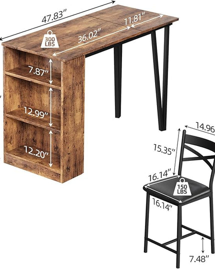 GAOMON Dining Table Set for 2, Kitchen Bar Table and Chairs Set for 2, 3PCS Kitchen Table Set with 2 Upholstered Chairs, Expandable Counter Height Bar Table Set with 3 Storage, Rustic Brown - LeafyLoom