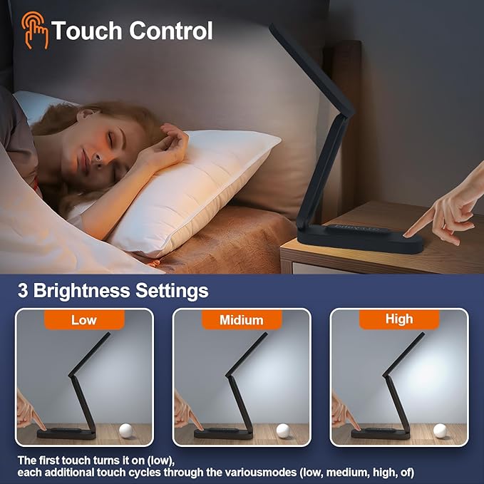 LED Desk Lamp for Office Home & Battery Operated Lamp Rechargeable Lamp Foldable & Portable Light, LED Desk Light Strip, 3 Brightness Dimmable Small Desk Lamp Reading Lamp (Black (2PACK)) - LeafyLoom