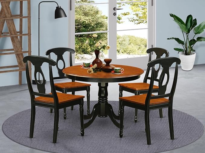 East West Furniture HLKE5-BCH-W 5 Piece Dining Room Table Set Includes a Round Kitchen Table with Pedestal and 4 Dining Chairs, 42x42 Inch, Black & Cherry - LeafyLoom