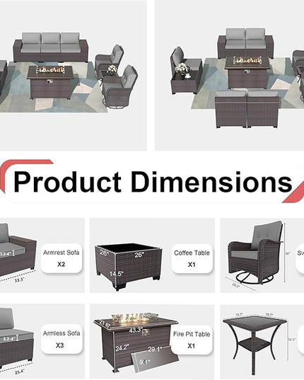 Patio Furniture Sectional Sofa Set 10-Pieces PE Rattan Swivel Rocking Chairs Outdoor Furniture Set w/43in Gas Fire Pit Table, Patio Conversation with 55000 BTU Propane Fire Pit, Grey - LeafyLoom