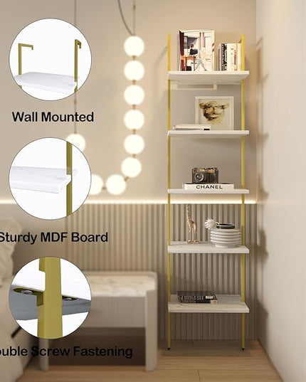 Ladder Shelf 5 Tiers Metal Industrial Bookshelf,White Marble Wood Tall Open Storage Rack and Display Shelves,Wall Mount Wide Book Case for Home Office Bedroom,Small - LeafyLoom