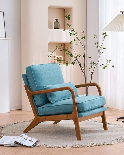 Bonnlo LinenTeal Mid Century Modern Accent Chair, Soild Wood Padding Lounge Armchairs Side Sitting Chairs for Living Room, Bedroom, Guest Room - LeafyLoom