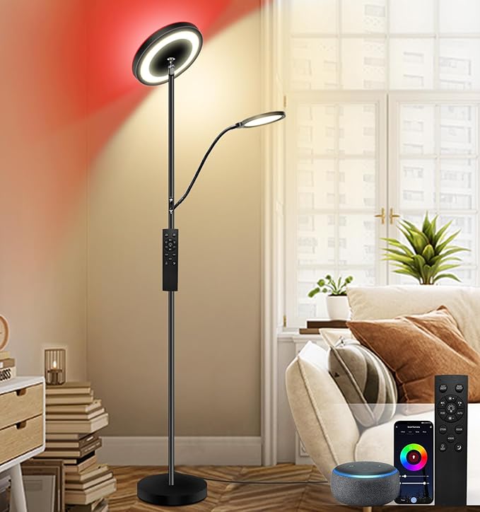 Reading Floor lamp + RGB Mood Mix Color Modern Standing Sofa Lamps Lighting 7 Colors Color Changing rgbw Smart WiFi APP Remote Control for Bedroom Living Room Gaming Reading Learning - LeafyLoom