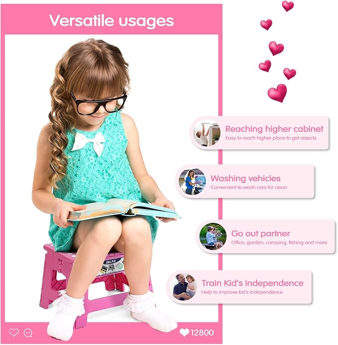 Delxo 9” Folding Step Stool in Pink,1 Pack Premium Heavy Duty Foldable Stool for Kids,Portable Collapsible Plastic Step Stool,Non Slip Folding Stools for Kitchen Bathroom Bedroom - LeafyLoom