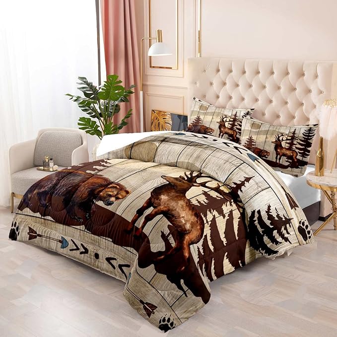 LUVIVIHOME 2PCS Brown Bear Deer Comforter Set Twin Size, Rustic Cabin Bedding, Pine Tree Forest Animal Elk Moose Wildlife Country Lodge Farmhouse Quilt, Hunting Gifts for Men Hunters, 1 Pillow Sham - LeafyLoom
