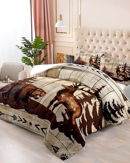 LUVIVIHOME 3PCS Brown Bear Deer Comforter Set King Size, Rustic Cabin Bedding Mountain Pine Tree Forest Animal Elk Wildlife Country Lodge Farmhouse Quilt, Hunting Gifts for Men Hunters, 2 Pillow Shams - LeafyLoom