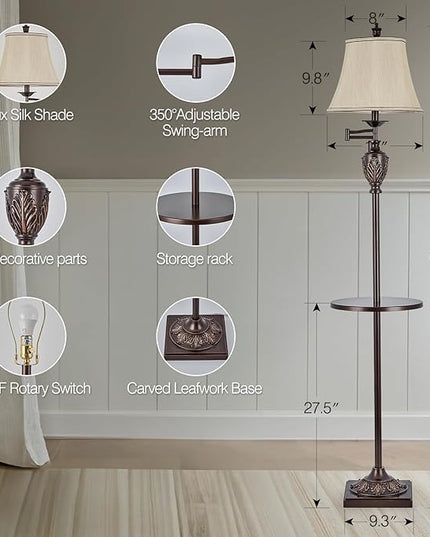 Traditional LED Floor Lamp with 350° Adjustable Swing Arm Lamp – Vintage Standing Pole lamp for Living Room, Bedroom and Office – Rustic Upright Floor Light for Home Décor with Silk Fabric Shade - LeafyLoom