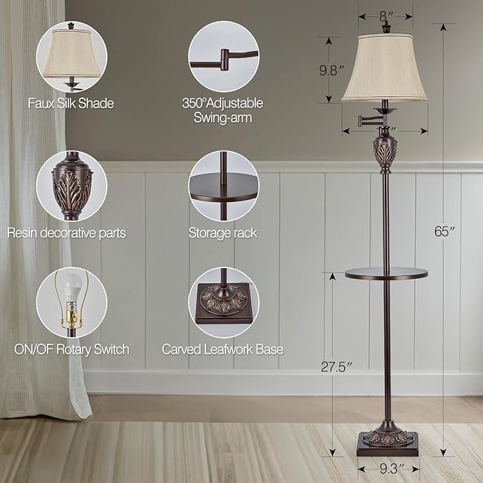 Traditional LED Floor Lamp with 350° Adjustable Swing Arm Lamp – Vintage Standing Pole lamp for Living Room, Bedroom and Office – Rustic Upright Floor Light for Home Décor with Silk Fabric Shade - LeafyLoom