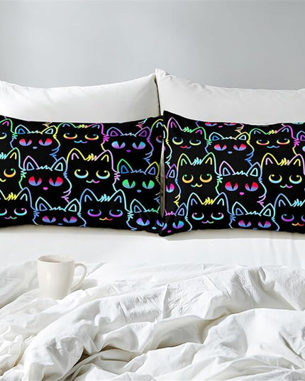 Cats Full Size Comforter Set for Girls - Cartoon Cats Bedding Set for Girls Room Lovely Cats Pattern Girls Bedding Set Soft Breathable Cats Comforter with 2 Pillowcases for All-Season - LeafyLoom