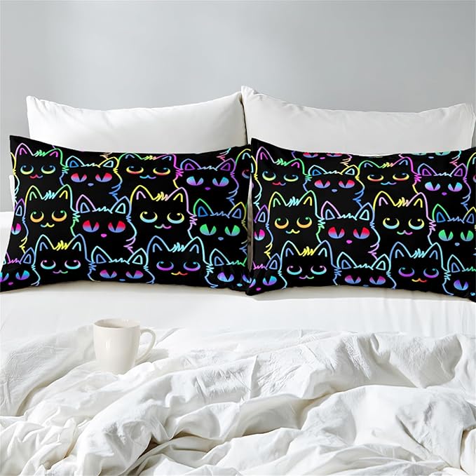 Cat Comforter Set for Girls Room - Colorful Cartoon Cats Bedding Set for Girls Bedroom Girls Room Decor Ultra Soft Cats Comforter Set for All-Season with 1 Comforter and 2 Pillowcases, Queen Size - LeafyLoom