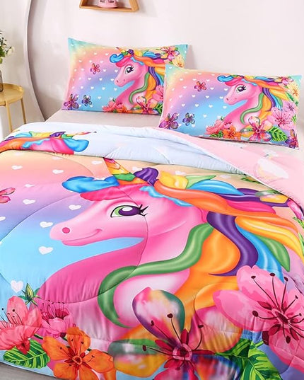 Cute Unicorn Comforter Sets 3pc Pink Flower Girl Colorful Unicorn Bedding Sets Soft Girls Unicorn Rainbow Comforter Sets - LeafyLoom
