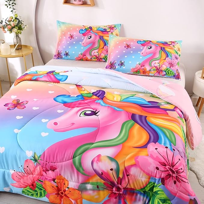 Cute Unicorn Comforter Sets 3pc Pink Flower Girl Colorful Unicorn Bedding Sets Soft Girls Unicorn Rainbow Comforter Sets - LeafyLoom