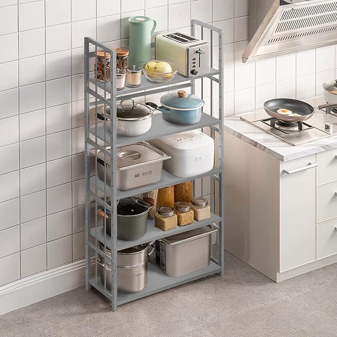 IOTXY Adjustable Bamboo Open Bookshelf - Medium 4-Tier Free Standing Storage Rack, Multifunctional Display Stand for Home and Office, Bookcase, Light Grey - LeafyLoom