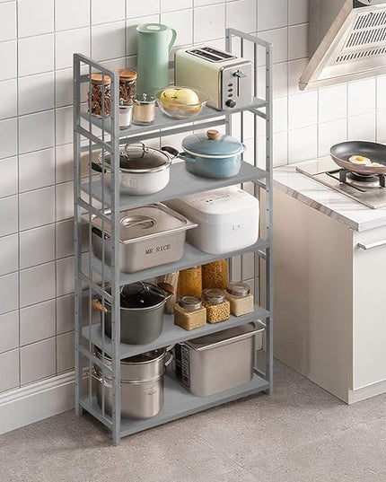 IOTXY Adjustable Bamboo Open Bookshelf - Large 4-Tier Free Standing Storage Rack, Multifunctional Display Stand for Bookcase, Home and Office, Light Grey - LeafyLoom