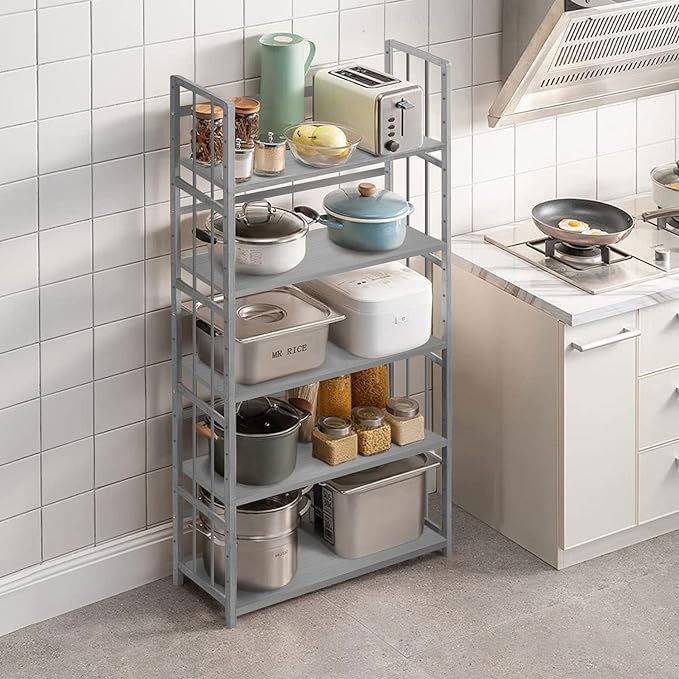 IOTXY Adjustable Bamboo Open Bookshelf - Large 4-Tier Free Standing Storage Rack, Multifunctional Display Stand for Bookcase, Home and Office, Light Grey - LeafyLoom