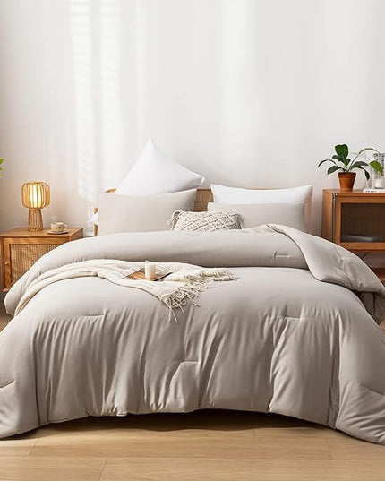Queen Comforter Solid Color 3PCS Boho Bed Comforter Set Queen Size Tannish Grey Soft Lightweight Down Alternative Microfiber Comforter for All Season (1 Comforter, 2 Pillowcases) - LeafyLoom