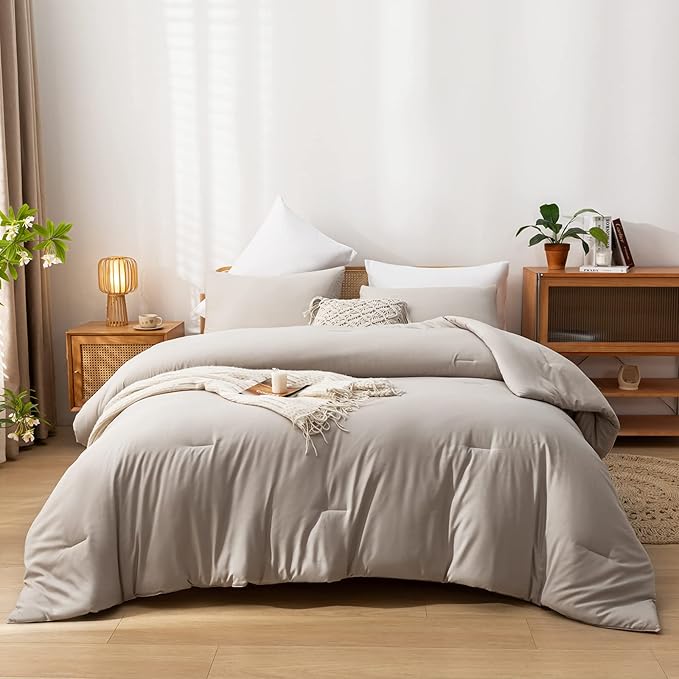 Queen Comforter Solid Color 3PCS Boho Bed Comforter Set Queen Size Tannish Grey Soft Lightweight Down Alternative Microfiber Comforter for All Season (1 Comforter, 2 Pillowcases) - LeafyLoom