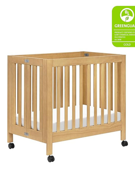 Babyletto Origami Mini Portable Crib Folding with Wheels in Honey, 2 Adjustable Mattress Positions, Greenguard Gold Certified - LeafyLoom