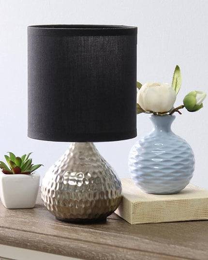 Simple Designs LT2073-SVB Mini Hammered Texture Silver Drip Table Lamp with Black Shade - LeafyLoom