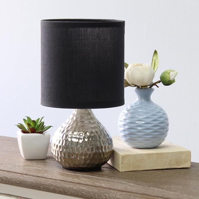 Simple Designs LT2073-SVB Mini Hammered Texture Silver Drip Table Lamp with Black Shade - LeafyLoom