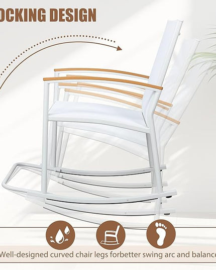 Shintenchi 3 Piece Outdoor Rocking Bistro Set, Textilene Fabric Small Patio Furniture Set, Front Porch Rocker Chairs Conversation Set with Table for Lawn, Garden, Balcony, Poolside (White) - LeafyLoom