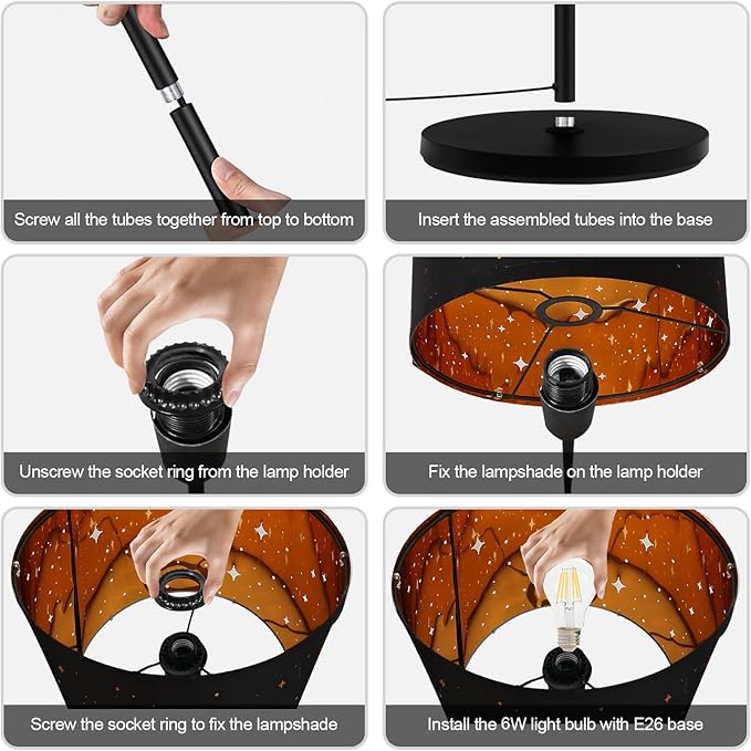 Black Floor Lamps for Living Room Bedroom, Bright Modern Standing Lamp with LED Bulb(6W Bulb), Black Star Lamp Shade, 59" Tall, Footswitch, Simple Reading Floor Lamps Corner Lamp for Office/Den - LeafyLoom