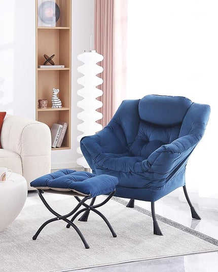 Lazy Chair with Ottoman, Modern Accent Chair Contemporary Lounge Leisure Upholstered Sofa Chair Set with Armrests, Reading Chair for Living Room, Bedroom, Office, Royal Blue - LeafyLoom