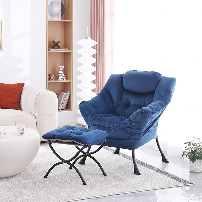 Lazy Chair with Ottoman, Modern Accent Chair Contemporary Lounge Leisure Upholstered Sofa Chair Set with Armrests, Reading Chair for Living Room, Bedroom, Office, Royal Blue - LeafyLoom