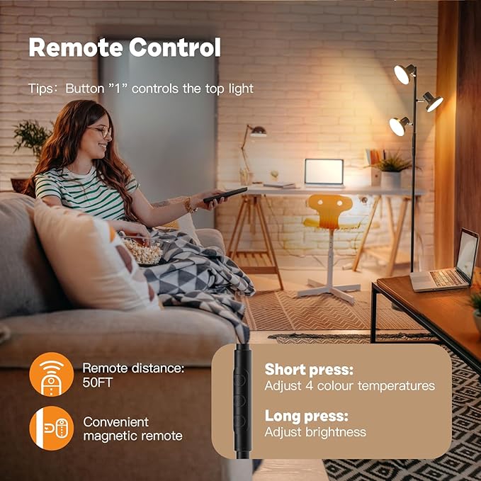 36W LED Tree Floor Lamp, Modern Dimmable Standing Lamp with Remote & Touch Control, 4 Color Temperatures, 3 Rotatable LED Light Floor Lamps for Living Room, Bedroom, Office - LeafyLoom