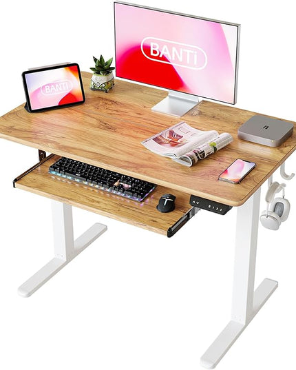 BANTI 40" x 24" Height Adjustable Electric Standing Desk with Keyboard Tray, Sit Stand up Desk with Splice Board, White Frame/Light Rustic Brown Top - LeafyLoom