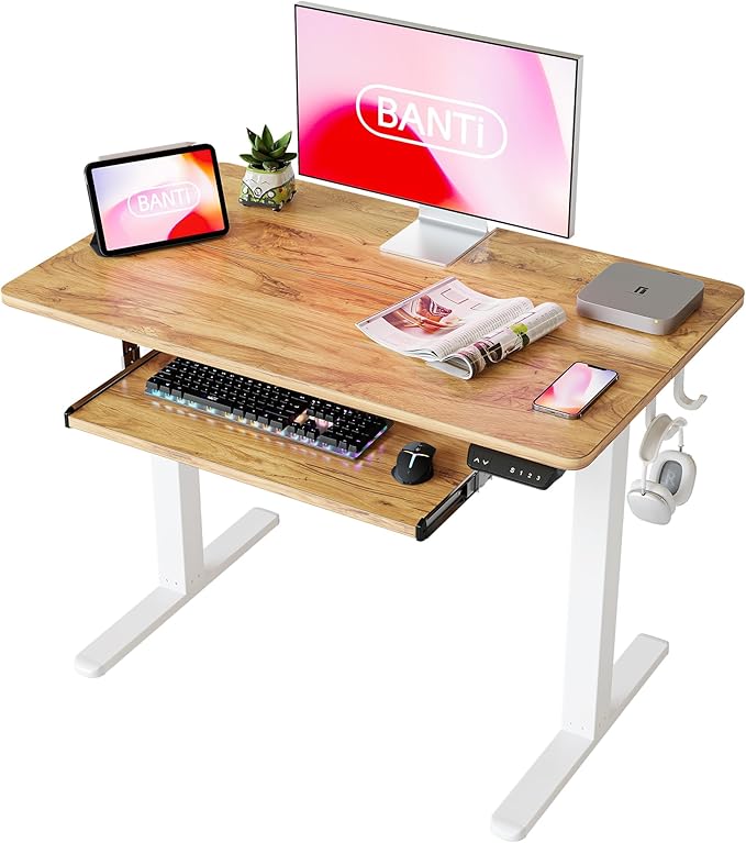 BANTI 40" x 24" Height Adjustable Electric Standing Desk with Keyboard Tray, Sit Stand up Desk with Splice Board, White Frame/Light Rustic Brown Top - LeafyLoom