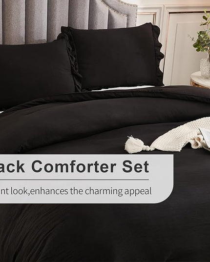 Andency California King Comforter Set Black (104x96Inch), 3 Pieces Cal King Ruffle Comforter, Oversized Farmhouse Shabby Chic Bed Comforter, Lighteweight and Soft Microfiber Bedding Set - LeafyLoom