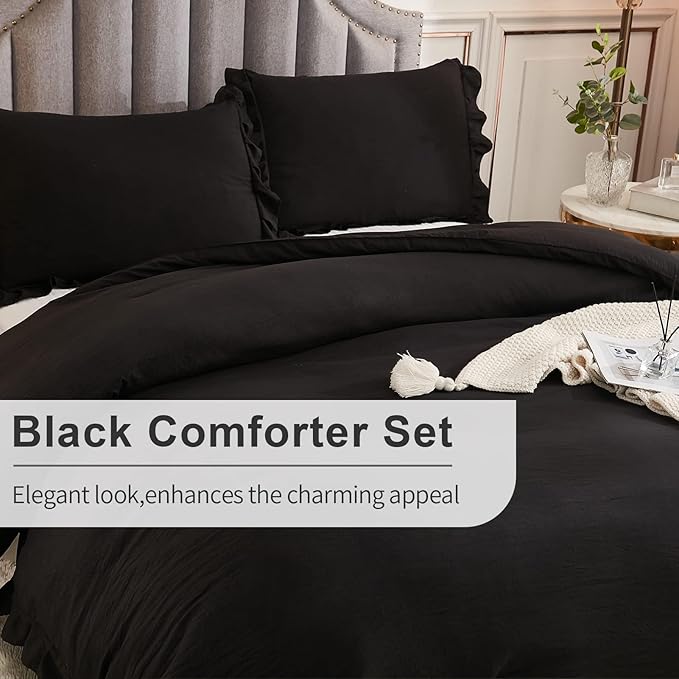 Andency California King Comforter Set Black (104x96Inch), 3 Pieces Cal King Ruffle Comforter, Oversized Farmhouse Shabby Chic Bed Comforter, Lighteweight and Soft Microfiber Bedding Set - LeafyLoom