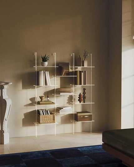 Acrylic Bookshelf, Wall Mounted, 4-Tier Clear Ladder Bookshelf with 11 Open Shelves, Multipurpose Bookcase for Living Room, Bathroom, Office, Modern, 9.5" D x 43.5" W x 59.4" H - LeafyLoom