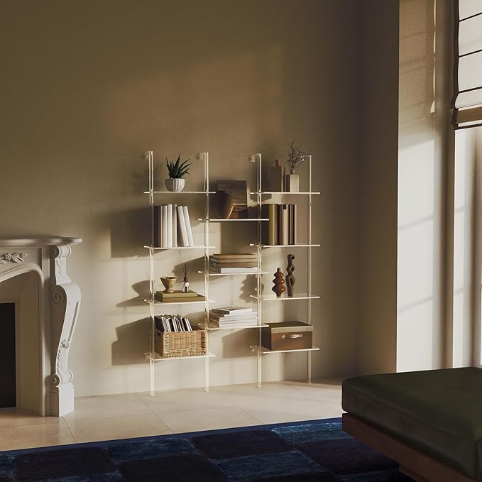 Acrylic Bookshelf, Wall Mounted, 4-Tier Clear Ladder Bookshelf with 11 Open Shelves, Multipurpose Bookcase for Living Room, Bathroom, Office, Modern, 9.5" D x 43.5" W x 59.4" H - LeafyLoom