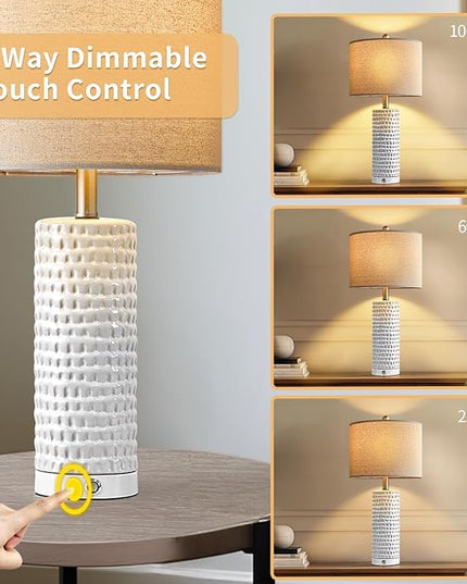 PORTRES 24" Bedside Lamps Table Lamp for Bedroom, 3-Way Dimmable Touch Nightstand Lamp, Farmhouse Ceramic White Lamp for Living Room End Table Lamps with USB C+A Ports (1 Pack) - LeafyLoom