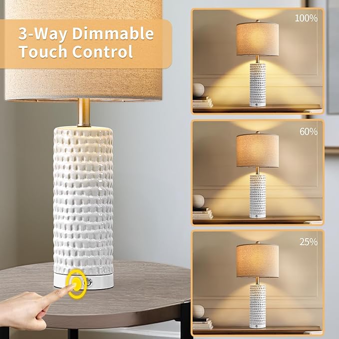 PORTRES 24" Bedside Lamps Table Lamp for Bedroom, 3-Way Dimmable Touch Nightstand Lamp, Farmhouse Ceramic White Lamp for Living Room End Table Lamps with USB C+A Ports (1 Pack) - LeafyLoom