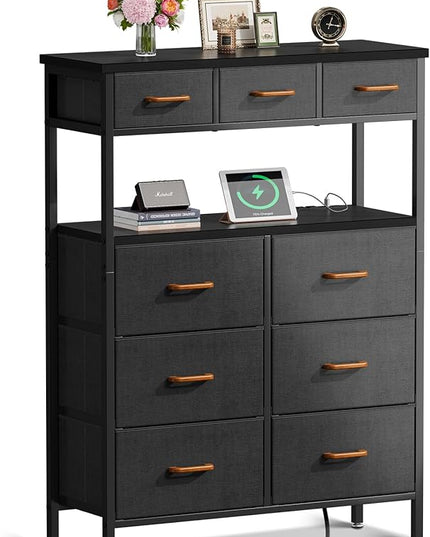 AODK Dresser with Charging Station, 52 Inches Tall Dresser for Bedroom with 9 Storage Drawers, Large Fabric Dressers for Living Room, Hallway, Dark Grey - LeafyLoom