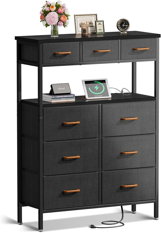 AODK Dresser with Charging Station, 52 Inches Tall Dresser for Bedroom with 9 Storage Drawers, Large Fabric Dressers for Living Room, Hallway, Dark Grey - LeafyLoom