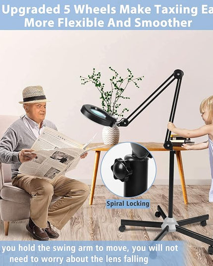 8X Magnifying Glass with Light and Stand, LANCOSC Floor Lamp with 5-Wheel Rolling Base for Facials Lash Estheticians, 1,500 Lumens Dimmable LED Lighted Magnifier for Reading Sewing Crafts - Black - LeafyLoom