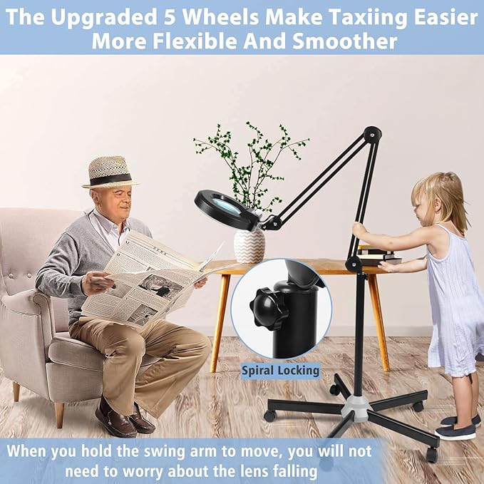 8X Magnifying Glass with Light and Stand, LANCOSC Floor Lamp with 5-Wheel Rolling Base for Facials Lash Estheticians, 1,500 Lumens Dimmable LED Lighted Magnifier for Reading Sewing Crafts - Black - LeafyLoom