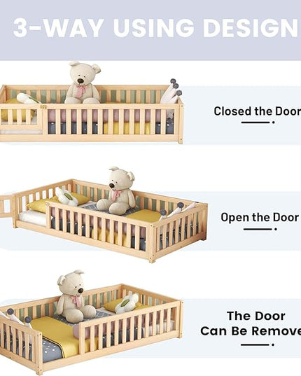 Multifunctional Twin Size Floor Bed with Safety Guardrails and Door, Removable Wood Slats, Montessori Beds Frame for Toddlers, Easy Assembly, for Boys and Girls Room, Natural - LeafyLoom